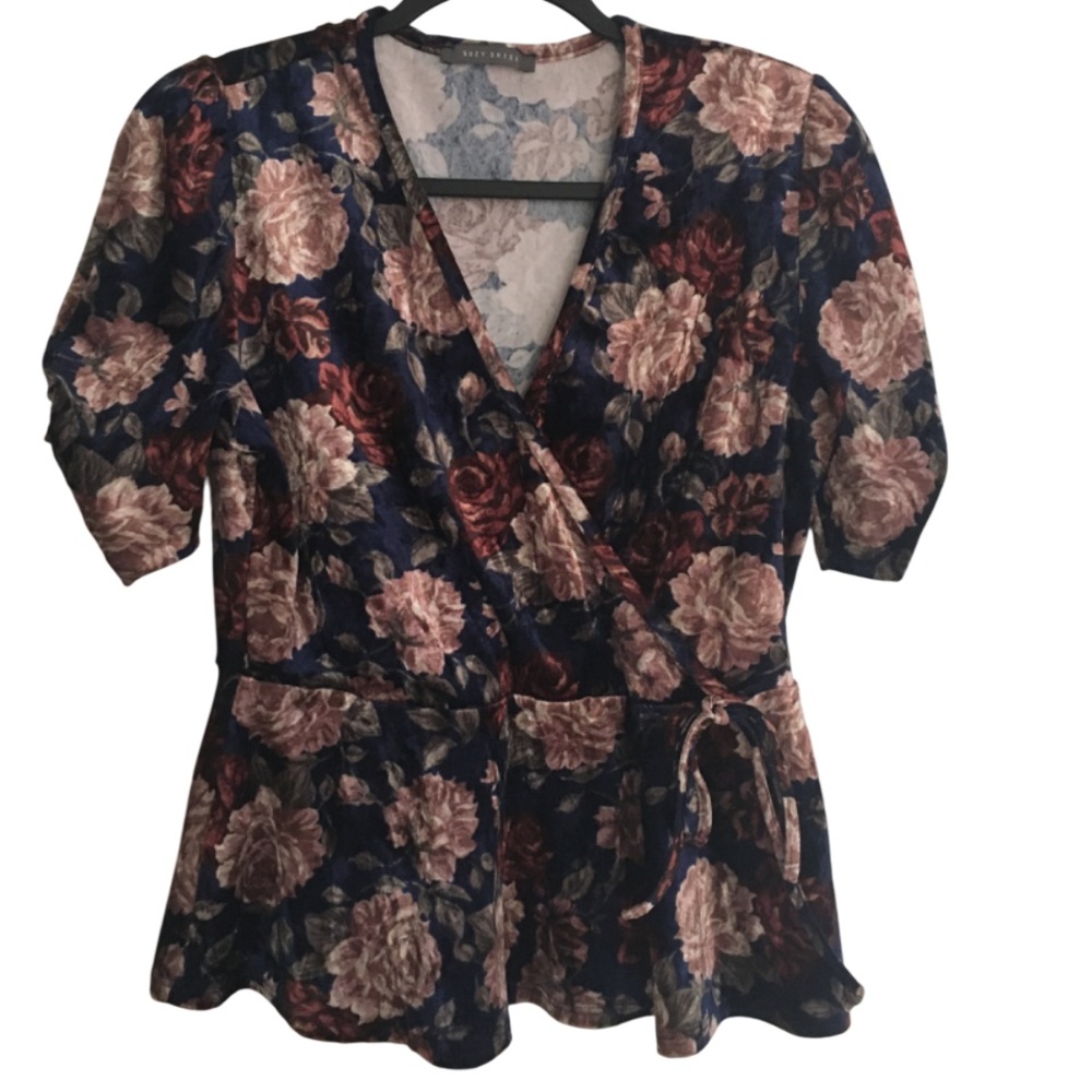 Vintage 90s Top Crushed Velvet Roses Floral Whimsigoth Wrap Going Out Womens M